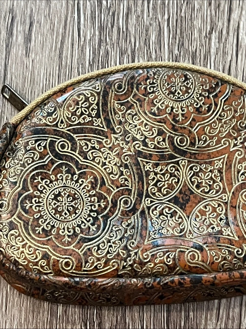 Vintage Ornate Brown Cosmetic Pouch or coin purse with Gold Embossed Design